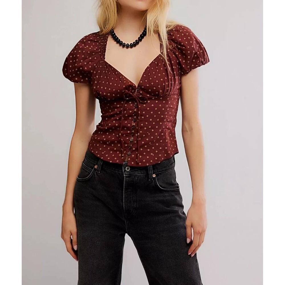 Free People Puff Sleeve Print Blouse Top Buttondown Floral Ruffle Boho M 289469
